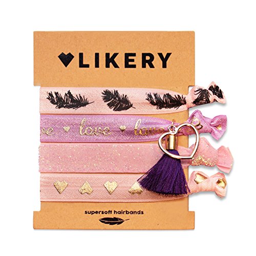 Supersofte Haargummis | Armbänder | Set für Damen Kinder Mädchen | Haargummi bedruckt | Armband schimmernder Stoff mit Glitzer und süßen Anhängern | Farbe: Lavendula von LIKERY