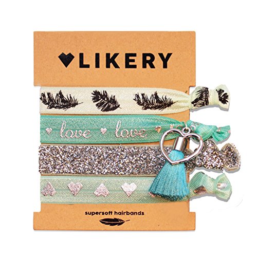 Supersofte Haargummis | Armbänder | Set für Damen Kinder Mädchen | Haargummi bedruckt | Armband schimmernder Stoff mit Glitzer und süßen Anhängern | Farbe: Mint von LIKERY