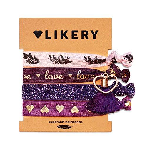 Supersofte Haargummis | Armbänder | Set für Damen Kinder Mädchen | Haargummi bedruckt | Armband schimmernder Stoff mit Glitzer und süßen Anhängern | Farbe: Violet Black von LIKERY