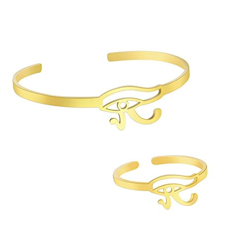 LIKGREAT Auge des Horus Armband ägyptische Armreifen Armbänder Ringe Altes Ägypten Horus Augen Ring Glück Amulett Schutz Edelstahl Schmuck Geschenke für Frauen Weihnachten Neujahr (Gold-Armband+Ring) von LIKGREAT