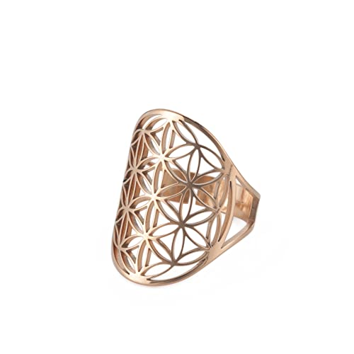 LIKGREAT Blume des Lebens Ring verstellbare filigrane Blume Ringband für Frauen große hohle Fingerringe Cosplay Party Schmuck (verstellbarer, 316, Roségold-Ton) von LIKGREAT