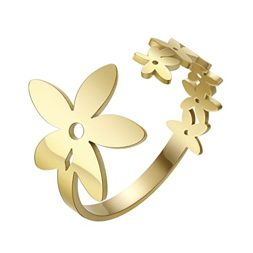 LIKGREAT Blumen Ringe für Frauen Mädchen Floral Ring Band verstellbar Edelstahl Blumen Offener Ring Schmuck Geschenke für Geburtstag Jahrestag Neujahr Weihnachten (Gold) von LIKGREAT