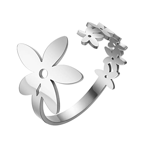 LIKGREAT Blumen Ringe für Frauen Mädchen Floral Ring Band verstellbar Edelstahl Blumen Offener Ring Schmuck Geschenke für Geburtstag Jahrestag Neujahr Weihnachten (Silver) von LIKGREAT