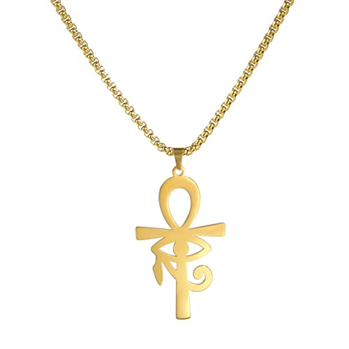 Ankh Kreuz Auge des Horus Halskette Altägyptisches Symbol Ankh Kreuz Anhänger Halsketten Ägypten Charme Glück Amulett Schutz Edelstahlschmuck für Männer Frauen Weihnachten (Gold) von LIKGREAT