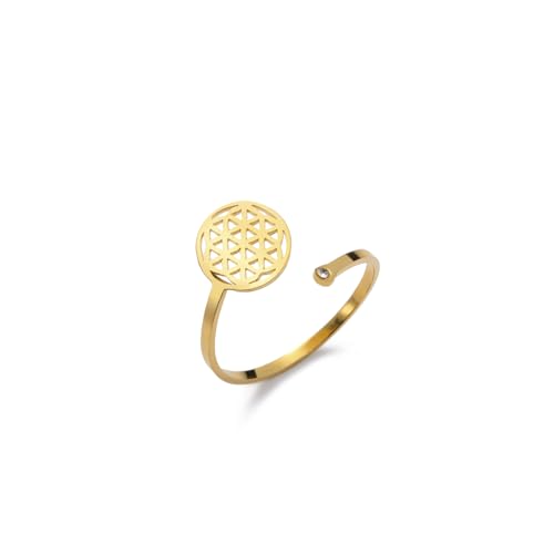LIKGREAT Blume des Lebens Ring Verstellbarer Ring aus Edelstahl Spiritueller Heilungs-Talisman Geometrisches Symbol Schmuck für Frauen (Gold) von LIKGREAT