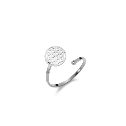 LIKGREAT Blume des Lebens Ring Verstellbarer Ring aus Edelstahl Spiritueller Heilungs-Talisman Geometrisches Symbol Schmuck für Frauen (Silber) von LIKGREAT