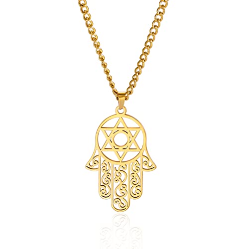 LIKGREAT Hamsa Hand der Fatima Halskette Hamsa Fatima Hand Anhänger Halsketten Hamsa Charm Glücksschutz Amulett Edelstahl Schmuck Geschenke für Männer Frauen Geburtstag Jahrestag (g-2) von LIKGREAT