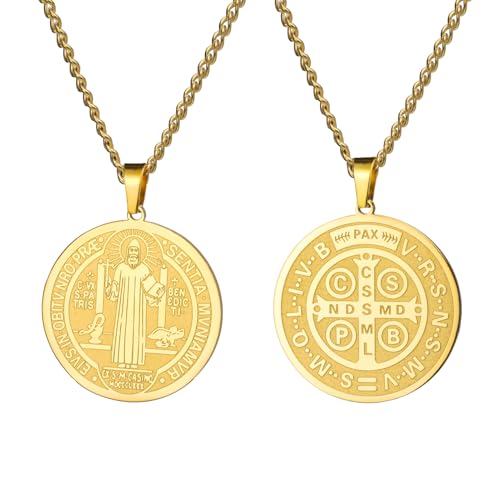 LIKGREAT Heiligen Benedikt Medaillon Halskette Edelstahl Exorzismus Kreuz Anhänger Halskette Katholischer Schutz Amulett Schmuck für Frauen und Männer (Gold) von LIKGREAT