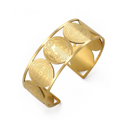 LIKGREAT Heiliger Benedikt Armband Verstellbares Kreuz Exorzismus Medaille Armreif Katholisches Schutzamulett Schmuck für Damen und Herren (Gold) von LIKGREAT