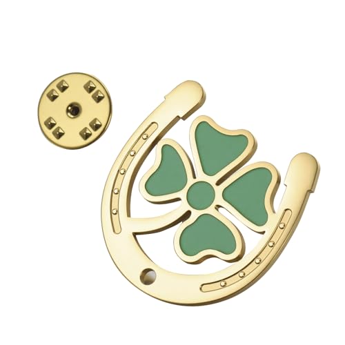 LIKGREAT Hufeisen Vierblattklee Brosche für Damen Irische Glücksbringer Kleeblatt Brosche Vierblattklee und Hufeisen Schmuck für den St. Patrick’s Day (Gold) von LIKGREAT