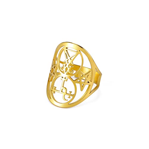 LIKGREAT Luzifer Siegel Ringe Lilith Siegel Ring Siegel von Luzifer Ring Siegel von Lilith Ringe Dämon Teufel Pentagramm Gothic Verstellbarer Ring Edelstahl Schmuck Geschenke für Frauen (Gold) von LIKGREAT