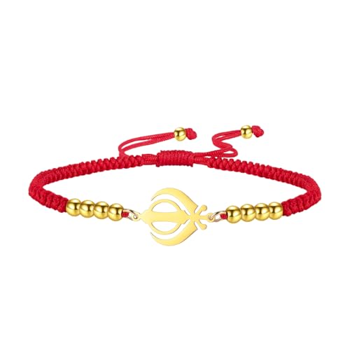LIKGREAT Sikhismus Khanda Armband Gerechtigkeit Sikh Symbol Einstellbare Geflochtene Seil Armbänder Indien Religiöse Armbänder Schmuck für Männer Frauen (Rotes Seil-Gold) von LIKGREAT