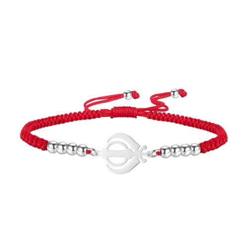 LIKGREAT Sikhismus Khanda Armband Gerechtigkeit Sikh Symbol Einstellbare Geflochtene Seil Armbänder Indien Religiöse Armbänder Schmuck für Männer Frauen (Rotes Seil-Silber) von LIKGREAT