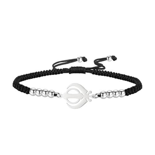 LIKGREAT Sikhismus Khanda Armband Gerechtigkeit Sikh Symbol Einstellbare Geflochtene Seil Armbänder Indien Religiöse Armbänder Schmuck für Männer Frauen (Schwarzes Seil-Silber) von LIKGREAT