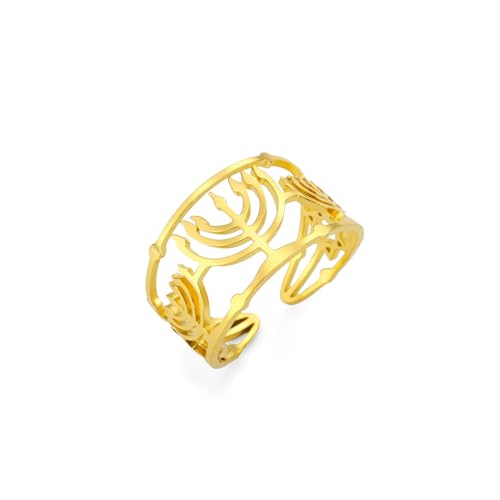 LIKGREAT Verstellbarer Menorah Ring für Frauen Davidstern Religiöses Symbol Edelstahl Ring Jüdische Tradition Chanukka Schmuck (Gold) von LIKGREAT