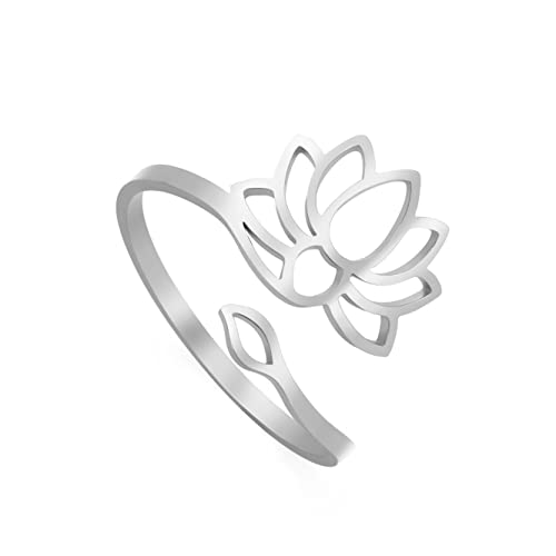 Lotus Blumen Ringe für Frauen Mädchen Floral Ring Band verstellbar Edelstahl Lotos Offener Ring Schmuck Geschenke für Geburtstag Jahrestag Neujahr Weihnachten (Stil 1-Silver) von LIKGREAT