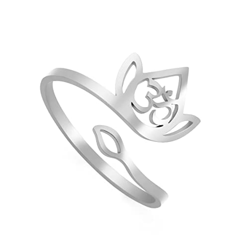 Lotus Blumen Ringe für Frauen Mädchen Floral Ring Band verstellbar Edelstahl Lotos Offener Ring Schmuck Geschenke für Geburtstag Jahrestag Neujahr Weihnachten (Stil 4-Silver) von LIKGREAT