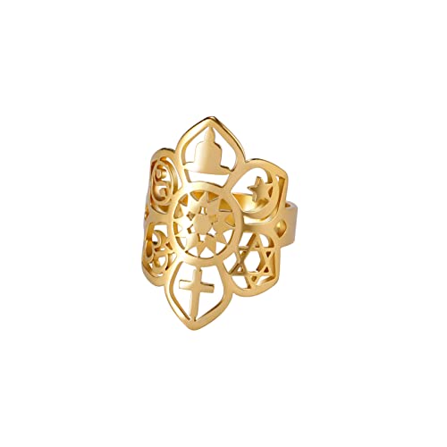 Lotus Ring Religiöse Mysteriensymbole Bandring Om Ohm Ring Davidstern Ring Kreuz Yin Yang Schutz Amulett Edelstahl Schmuck Geschenke für Frauen Mädchen (Gold) von LIKGREAT