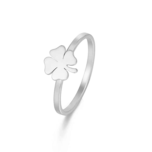 Vierblättriger Kleeblatt Ring für Frauen Mädchen Saint Patrick's Day Ringe Herzförmiger Kleeblattring Glücksbringer Amulett Schutz Edelstahlschmuck Geschenke für Urlaub (Durchmesser 17mm, Silber) von LIKGREAT