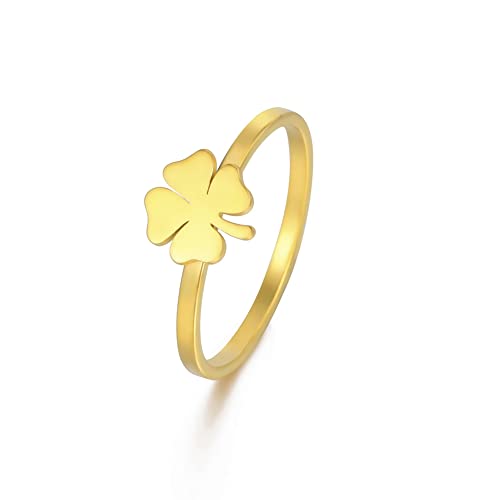 Vierblättriger Kleeblatt Ring für Frauen Mädchen Saint Patrick's Day Ringe Herzförmiger Kleeblattring Glücksbringer Amulett Schutz Edelstahlschmuck Geschenke für Urlaub (Durchmesser 17mm, Gold) von LIKGREAT