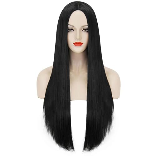 LIKPOJA Damen Addams Family Morticia lange schwarze gerade Perücke Halloween Cosplay Hexe Perücken für Halloween Cosplay Party (Schwarz C) von LIKPOJA