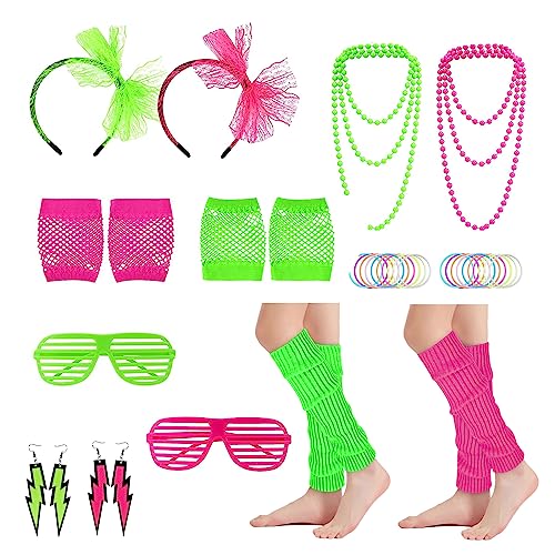 LIKUNGOU 80er Jahre Outfit Damen Kostüm Zubehör 2 Sets Neon Stirnband Halskette Armbänder Fishnets Beinwärmer Halloween Weihnachten Dance Dress Up Zubehör für Frauen Mädchen von LIKUNGOU