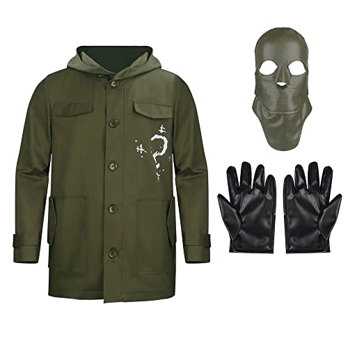 LIKUNGOU Movie Edward Nygma Cosplay Kostüm Mantel Kapuzenjacke mit Ledermaske Handschuhe Outfit Full Set für Halloween Maskerade Requisiten Erwachsene Männer Grün (Medium) von LIKUNGOU