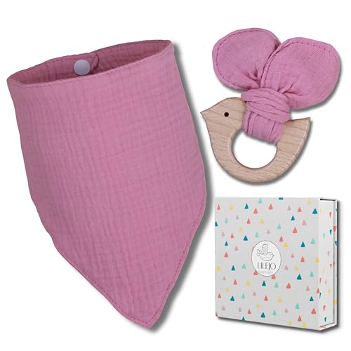 LILEJO Geschenk zur Geburt - Lätzchen und Beisring - inkl Geschenkbox und Grußkarte - Geschenk für werdende Mamas und Papas - Baby Geschenk für Mädchen und Junge- 100% Baumwolle von LILEJO