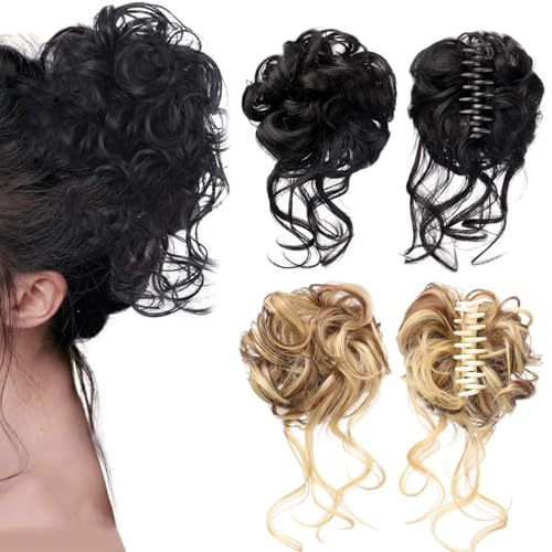 2 Stück Haarteil mit Klammer Lockig Wellig Haargummi mit Haaren Klammer Haarteile Dutt mit Klammer Hochsteckfrisuren Synthetisch Messy Bun Haar Tousled Updo Haarteile für Frauen Mädchen von LILELIG