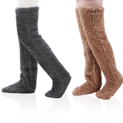 LILELIG 2 Paar Fuzzy Socks, Über Knie Hohe Fuzzy Socken, Overknee Kuschelsocken Lang, Kuschel Overknee Strümpfe, Plüsch Pantoffel Strümpfe Pelz Lange Beinwärmer für Frauen Männer (Dunkelgrau + Braun) von LILELIG