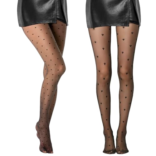 LILELIG 2 Stück Strumpfhosen Damen Muster, Schwarze Strumpfhose Damen, Strumpfhose Herzen + Strumpfhose Punkte, Frauen Nylon Strumpfhose Muster Elastisch Hohe Taille für Tägliche Arbeit, Datum von LILELIG