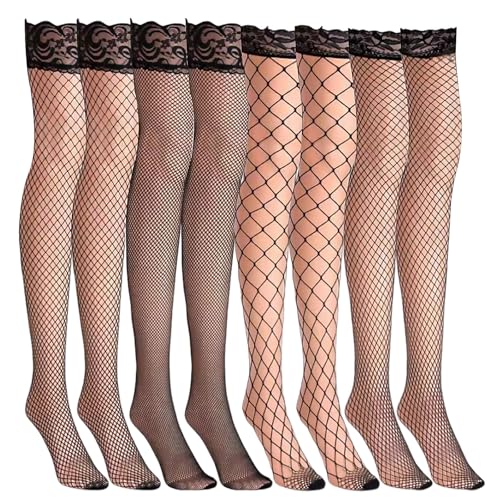 LILELIG 4 Paar Halterlose Strümpfe,Fishnet Stockings,Spitzen Oberschenkel Strümpfe,Stilvolles Schwarz Netzstrümpfe Halterlos,Damen Netzstrümpfe Perfekt für Cosplay-Partys (Schwarz,Einheitsgröße) von LILELIG