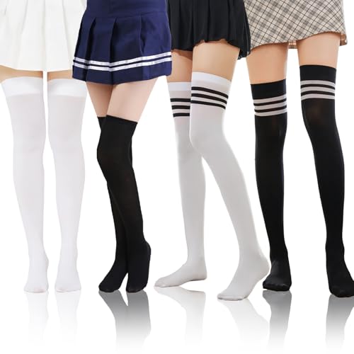 LILELIG 4 Paar Overknees Strümpfe Damen,Overknee Strümpfe,Einfarbig Gestreifte Modelle,Hohe Qualität,Geeignet für Den Täglichen Gebrauch Auf Halloween-Cosplay-Partys,Verdickte Version Warme von LILELIG