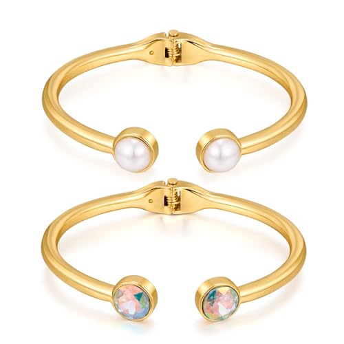 LILIE&WHITE Armreif Armbänder für Damen Set aus 2 Eleganten Armreifen für Damen – Goldene Armreife mit Perlen- und Kristallbesatz – Verstellbares, Offenes Design für Alltag und Besondere Anlässe von LILIE&WHITE