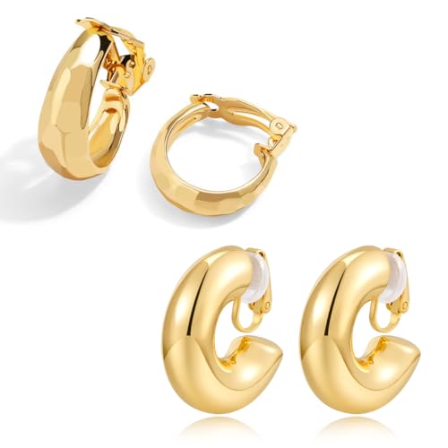 LILIE&WHITE Damen Clip Ohrringe Set Zwei Paar Goldene Creolen Elegantes Design Hypoallergen Farbbeständig Ohrschmuck für Frauen Geschenkidee für Geburtstag Jahrestag oder Muttertag von LILIE&WHITE
