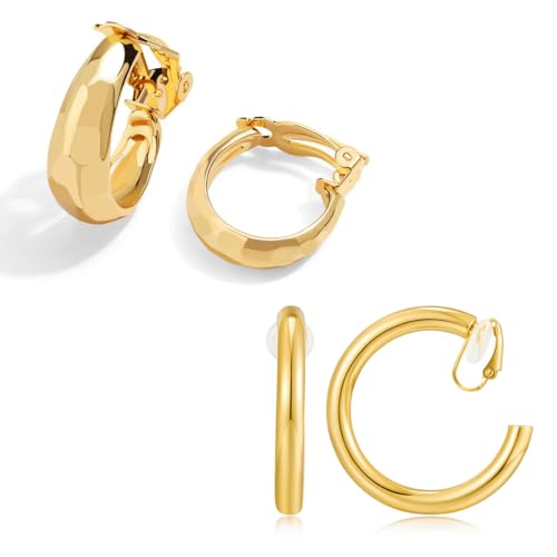 LILIE&WHITE Damen Clip Ohrringe Set Zwei Paar Goldene Creolen Hypoallergen Farbbeständig Eleganter Ohrschmuck Geschenkidee Für Frauen Geburtstag Jahrestag Oder Valentinstag von LILIE&WHITE