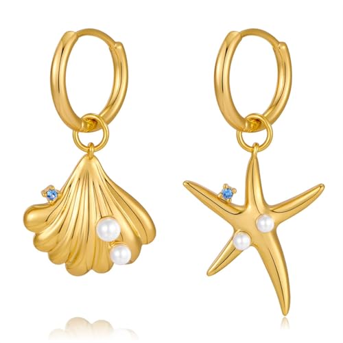LILIE&WHITE Ohrringe Goldene Muschel- und Seestern-Ohrringe mit Perlen – Stilvolle Damenohrringe im Maritimen Design, Perfekt für Strandliebhaber und Besondere Anlässe von LILIE&WHITE