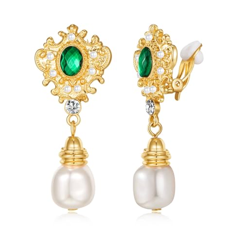 LILIE&WHITE Damen Ohrclips – Hypoallergen, Verblasst Nicht, Goldene Fassung mit Grünen und Perlenakzenten – Elegantes Design mit Perlenanhänger – Geschenk für Frauen von LILIE&WHITE