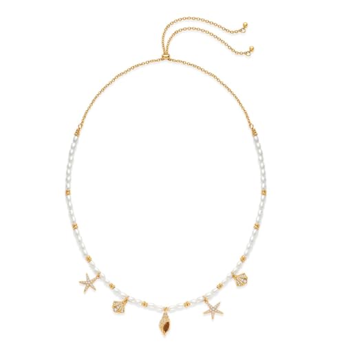 LILIE&WHITE Halskette Damen Goldene Perlenkette mit Meeresanhängern – Hypoallergen, Farbecht, Verstellbare Halskette mit Seestern- und Muscheldesign von LILIE&WHITE