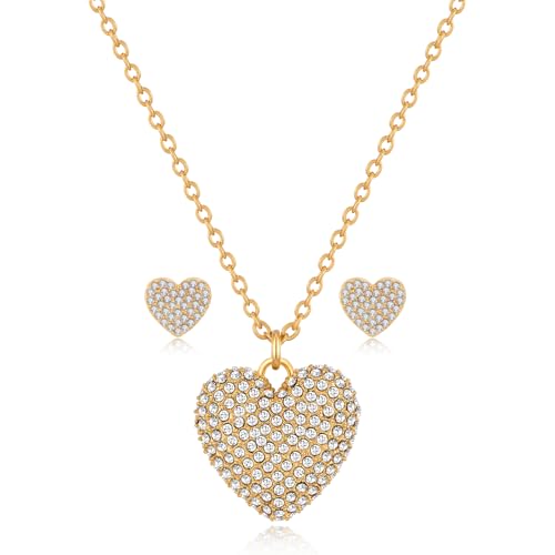LILIE&WHITE Halskette Damen Schmuckset - Goldene Halskette Mit Strassherz-Anhänger und Herz-Ohrsteckern Hypoallergen Farbbeständig Geschenkidee von LILIE&WHITE