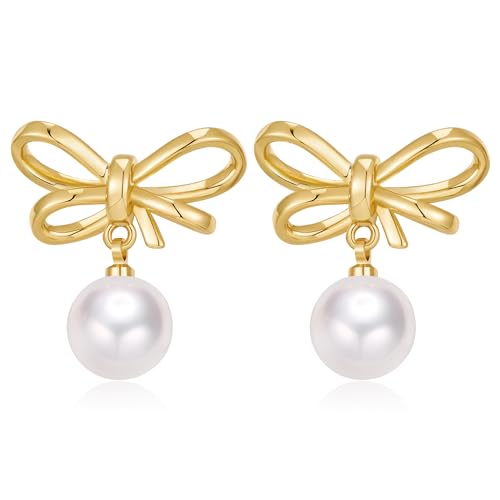 LILIE&WHITE Perlen-Ohrringe mit Schleife für Damen, goldene Schleife, baumelnde Ohrringe, goldene Band-Ohrringe, Schleife, Schmuck, Geschenk von LILIE&WHITE