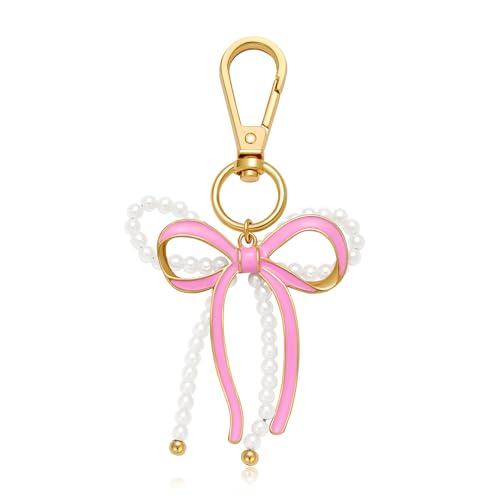 LILIE&WHITE Perlen-Schlüsselanhänger mit Pinker Schleife – Charmantes Accessoire aus Hochwertigem Metall – Farbbeständig und Langlebig – Geschenk für Frauen von LILIE&WHITE