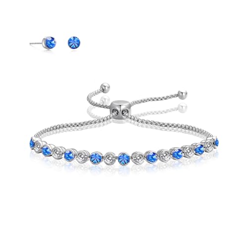 LILIE&WHITE Saphirblaue Armbänder mit glänzendem Zirkonia-Kristall, Tennis-Armband, Diamant, verstellbare Armbänder, Tennis-Armband und Ohrstecker-Set, Schmuck, Geschenk von LILIE&WHITE