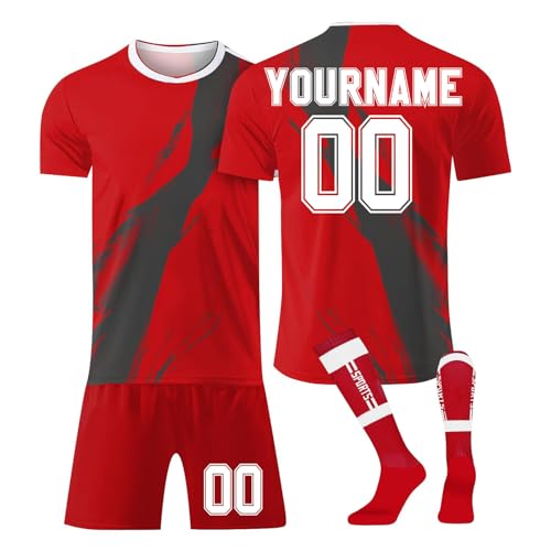 Fußballtrikot Personalisiert Für Kinder Jugend Erwachsene Fusstball Shorts Socks&trikots 3 Teiliges Set,mit Team Name & Number Logo Atmungsaktiv Sport T Shirts Trainingshose Fanartikel Trikot(#F Red) von LILIHOT