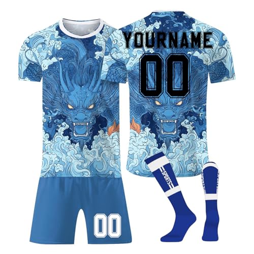 Fußballtrikot Personalisiert Kinder Jugend Erwachsene Fusstball Shorts Socks&trikots 3 Teiliges Set,mit Team Name & Number Logo Atmungsaktiv Sport T Shirts Trainingshose Fanartikel Trikot(#C Blue) von LILIHOT