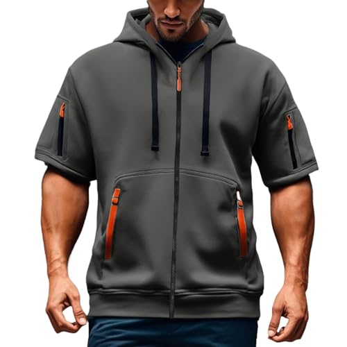LILIHOT Herren Kurzarm Kapuzenpullover Casual T-Shirts mit Kordelzug Kapuze Jacke Reißverschluss Taschen Pullover Bequeme Baggy Sommerhoodie Atmungsaktives Kurzarmhemd(#C Dark Gray,XXL) von LILIHOT