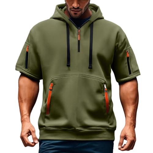 LILIHOT Herren Kurzarm Kapuzenpullover Lässige T Shirt Reißverschluss Taschen Hoodie Kordelzug Kapuze Pullover Komfortabel Baggy Sommerjacke Atmungsaktives Kurzarmhemd(#C Army Green,S) von LILIHOT