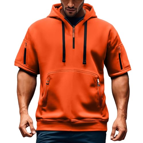 LILIHOT Herren Kurzarm Kapuzenpullover Lässige T Shirt Reißverschluss Taschen Hoodie Kordelzug Kapuze Pullover Komfortabel Baggy Sommerjacke Atmungsaktives Kurzarmhemd(#C Saffron,L) von LILIHOT