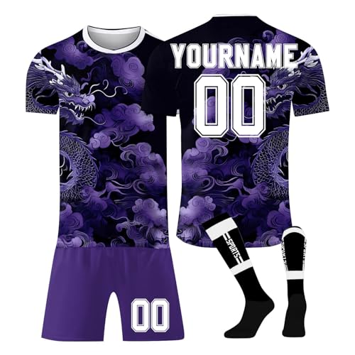 LILIHOT Fußballtrikot Personalisiert Kinder Jugend Erwachsene Fusstball Shorts Socks&Trikots 3 Teiliges Set,mit Team Name & Number Logo Sport T Shirts Trainingshose Fanartikel Trikot(#C Dark Purple) von LILIHOT