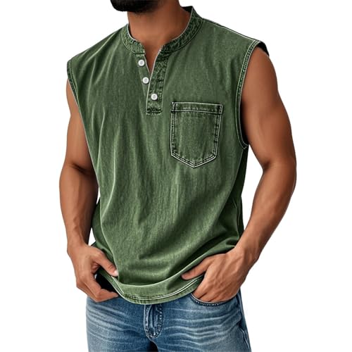 LILIHOT Tank Tops Herren Muskelshirt Knopfleiste V Ausschnitt Sport Tshirts Sommer Ärmellos Unterhemden Muscle Shirts Gym Funktionsshirt Achselshirts Casual Strand Top mit Tasche(#A Army Green,3XL) von LILIHOT